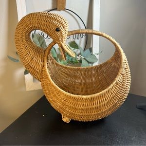 Mid 20th Century Vintage Wicker Woven Duck Motif Basket With Handle